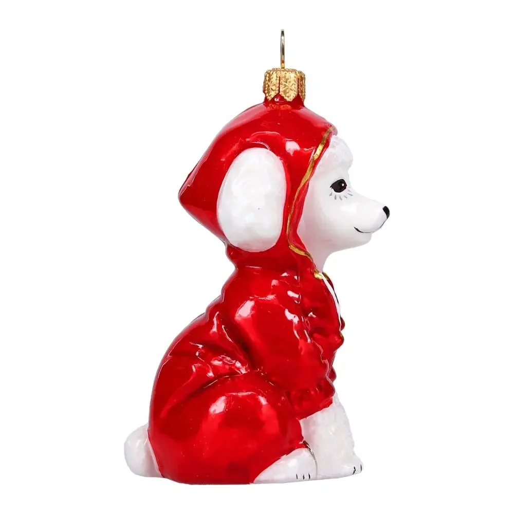 Joy to the World White Poodle in Red Hoodie Polish Glass Christmas Tree Ornament